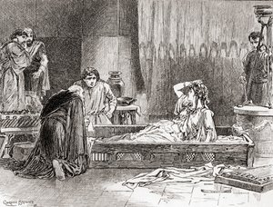 Una escena de la obra de William Shakespeare Pericles, Príncipe de Tiro, Acto III, Escena 2, Thaisa: Oh, querida Diana, ¿dónde estoy? ¿Dónde está mi señor? ¿Qué mundo es este?, de Las Obras de William Shakespeare de Gordon Frederick Browne